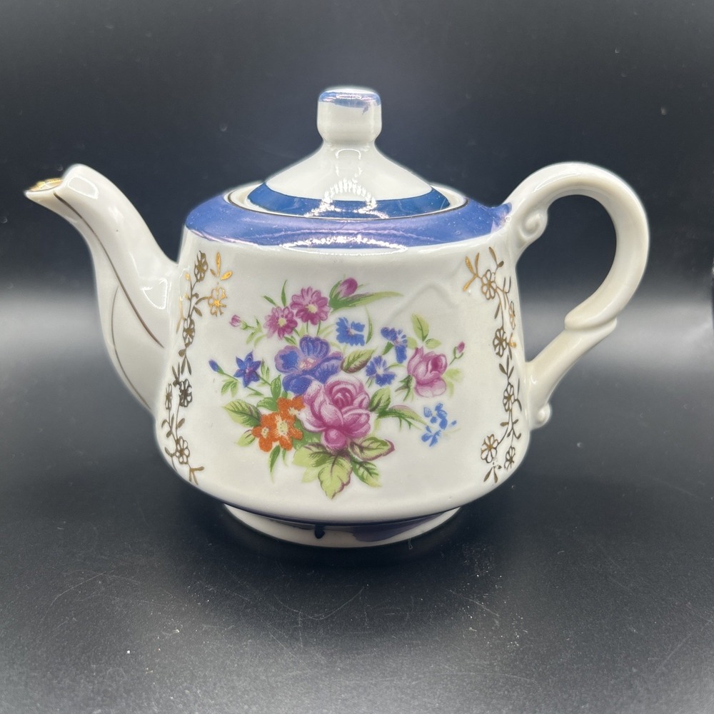 Vintage Miniature Porcelain Glossy Teapot Floral Roses Blue Accent